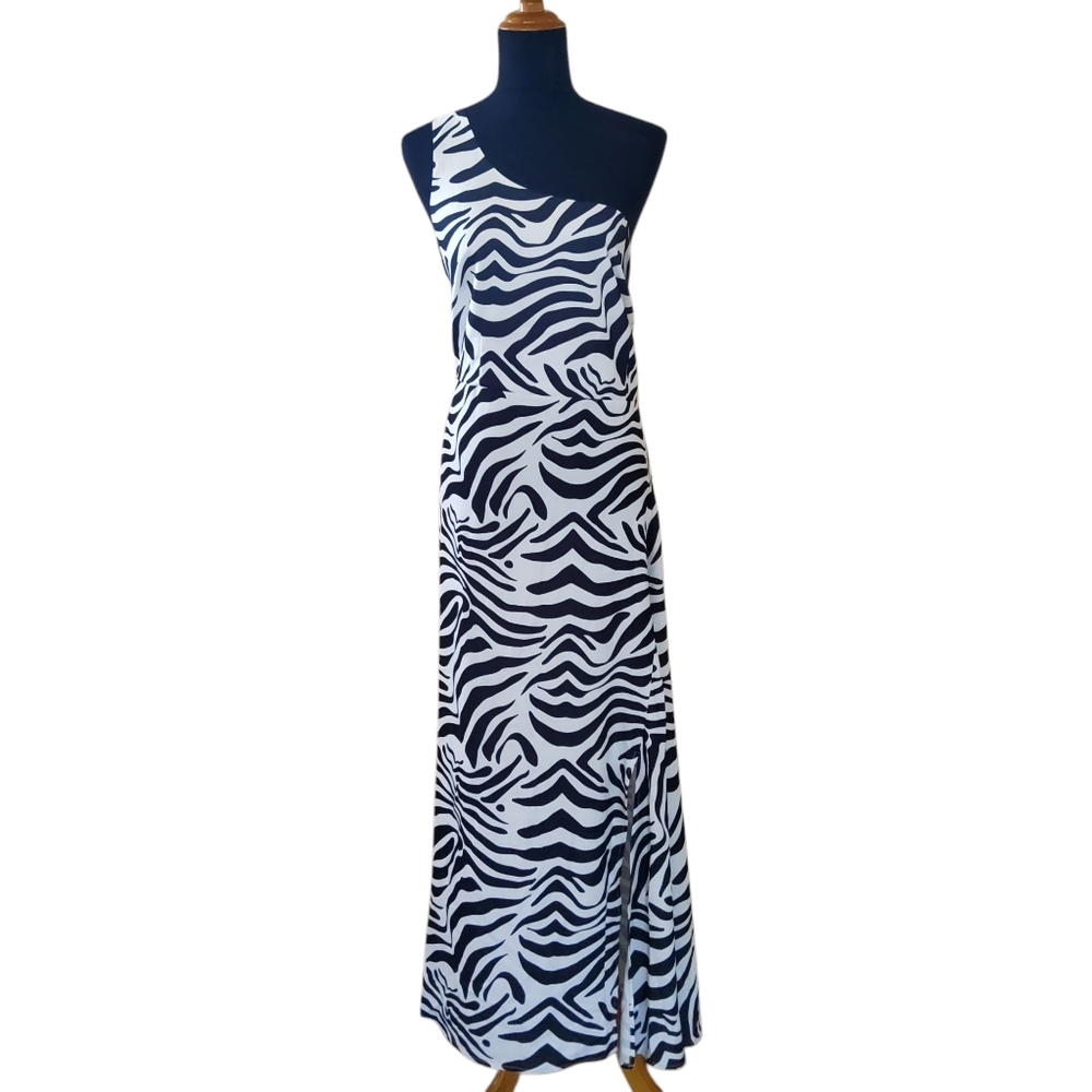 New ELOQUII Black White Zebra Animal Print One Shoulder Midi Maxi Dress Size 18